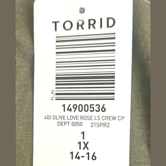 NEW TORRID Plus Size olive greenβlove rose long sleeve crew neck top. - Picture 12 of 13